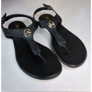Michael Kors Flat Thong Toe Post Gold Logo Black Buckle Flat Sandals Shoes 8M